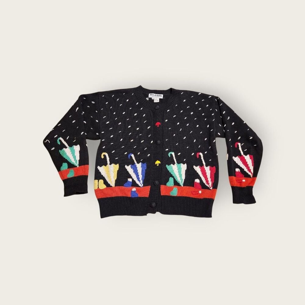 Vintage Y2k Jack B Quick black and red umbrella graphic knit cardigan sweater